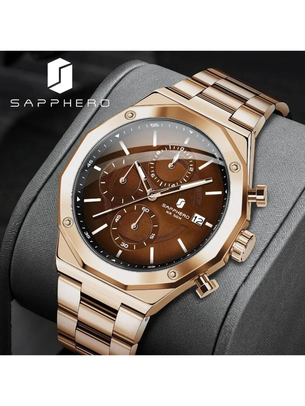 Men's Gold Brown Quartz Chronograph Stainless Steel Waterproof Wrist Watches
